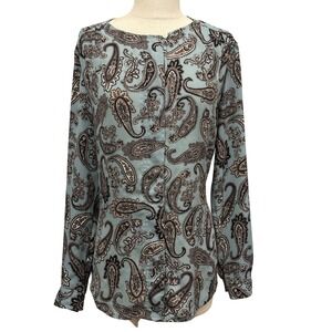 Ann Taylor LOFT Blue Paisley Long Sleeve Hidden Button Down Blouse Womens Medium